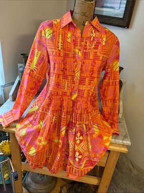 Sheridan French Cute Sexy Vibrant Orange-Pink Printed Long-Sleeve Dress S!